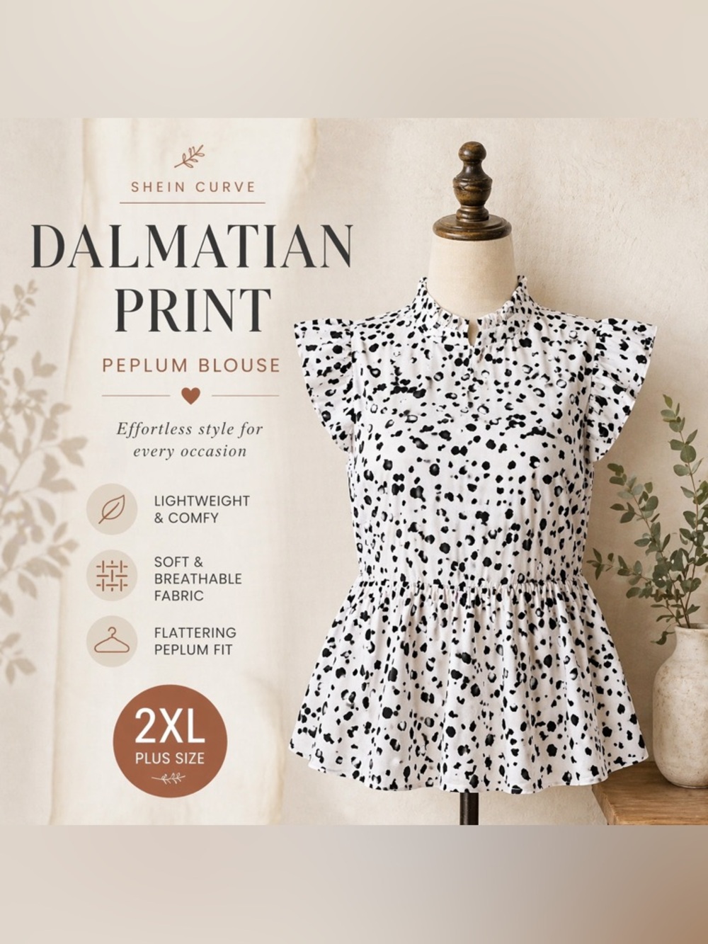 SHEIN Curve Dalmatian Print Peplum Blouse 2XL Black White Ruffle Sleeve Top